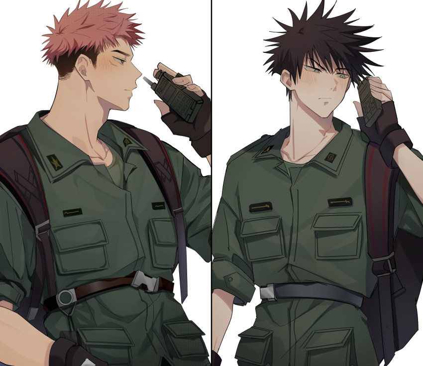 &gt;:( absurdres backpack bag bangs black_gloves black_hair blush brown_eyes closed_mouth facial_mark fingerless_gloves fushiguro_megumi gloves green_eyes green_jacket green_pants hand_up highres holding_walkie-talkie itadori_yuuji jacket jujutsu_kaisen male_focus military military_jacket military_uniform multiple_boys pants pink_hair short_hair somwang_07 spiked_hair uniform v-shaped_eyebrows walkie-talkie