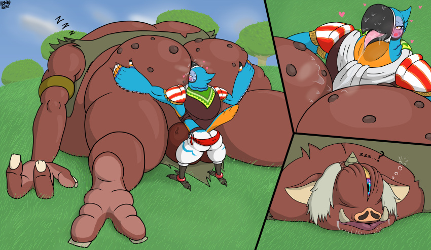 &lt;3 1_eye absurd_res anal anthro avian backsack balls big_butt bird breath_of_the_wild butt duo face_in_ass genitals hi_res hinox kass_(tloz) male male/male nintendo oral overweight overweight_male pizzaozzy_(artist) rimming sex size_difference sleep_sex sleeping the_legend_of_zelda video_games waking_up warts
