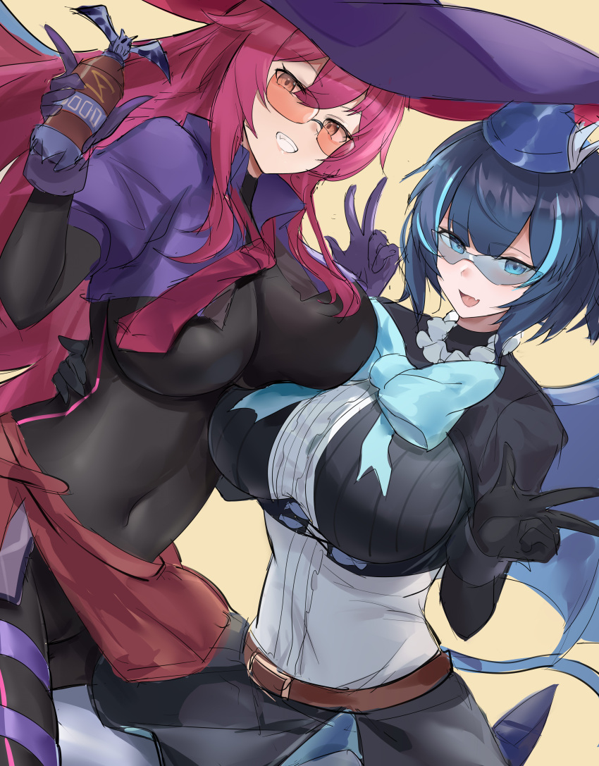 2girls :d absurdres bangs belt black_bodysuit black_jacket black_skirt blue-tinted_eyewear blue_bow blue_eyes blue_hair blue_headwear blunt_bangs bodysuit bottle bow breasts brown_belt commentary completion_time covered_navel cowboy_shot cropped_jacket cropped_vest demon_wings duel_monster evil_twin_ki-sikil evil_twin_lil-la eyebrows_visible_through_hair fang glasses gloves green_eyes grin hair_between_eyes hand_on_another's_waist hat highres holding holding_bottle jacket ki-sikil_(yu-gi-oh!) large_breasts large_hat lil-la_(yu-gi-oh!) long_hair looking_at_viewer multicolored_hair multiple_girls necktie nutrient_z pink-tinted_eyewear pink_hair pink_necktie pink_wings purple_gloves purple_vest qianshui_baodan red_skirt shirt short_hair sidelocks simple_background skin_fang skin_tight skindentation skirt smile sunglasses tail teeth thigh_strap tinted_eyewear v vest white_shirt winged_hat wings yellow_background yu-gi-oh!