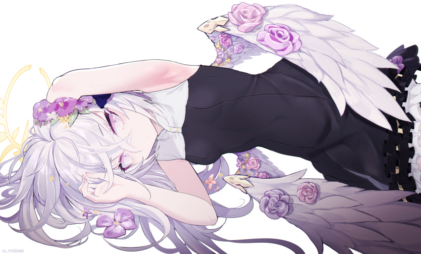1girl armpits azusa_(blue_archive) black_dress blue_archive breasts collarbone covered_navel dress feathered_wings flower hair_between_eyes hair_flower hair_ornament halo long_hair looking_at_viewer mishima_hiroji pink_eyes silver_hair simple_background sleeveless sleeveless_dress small_breasts solo white_background white_wings wings