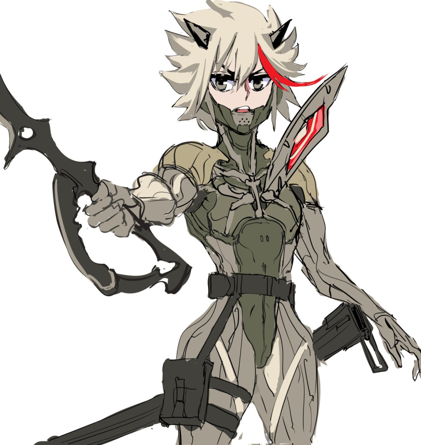 1girl belt blonde_hair brown_eyes collarbone cosplay grey_background hair_between_eyes highres holding holding_sword holding_weapon kill_la_kill maddoxfanx metal_gear_(series) metal_gear_solid_4 multicolored_hair open_mouth pouch raiden_(metal_gear) raiden_(metal_gear)_(cosplay) red_hair scabbard scissor_blade senketsu sheath short_hair simple_background sketch solo streaked_hair sword teeth thigh_pouch thigh_strap tongue unsheathed weapon