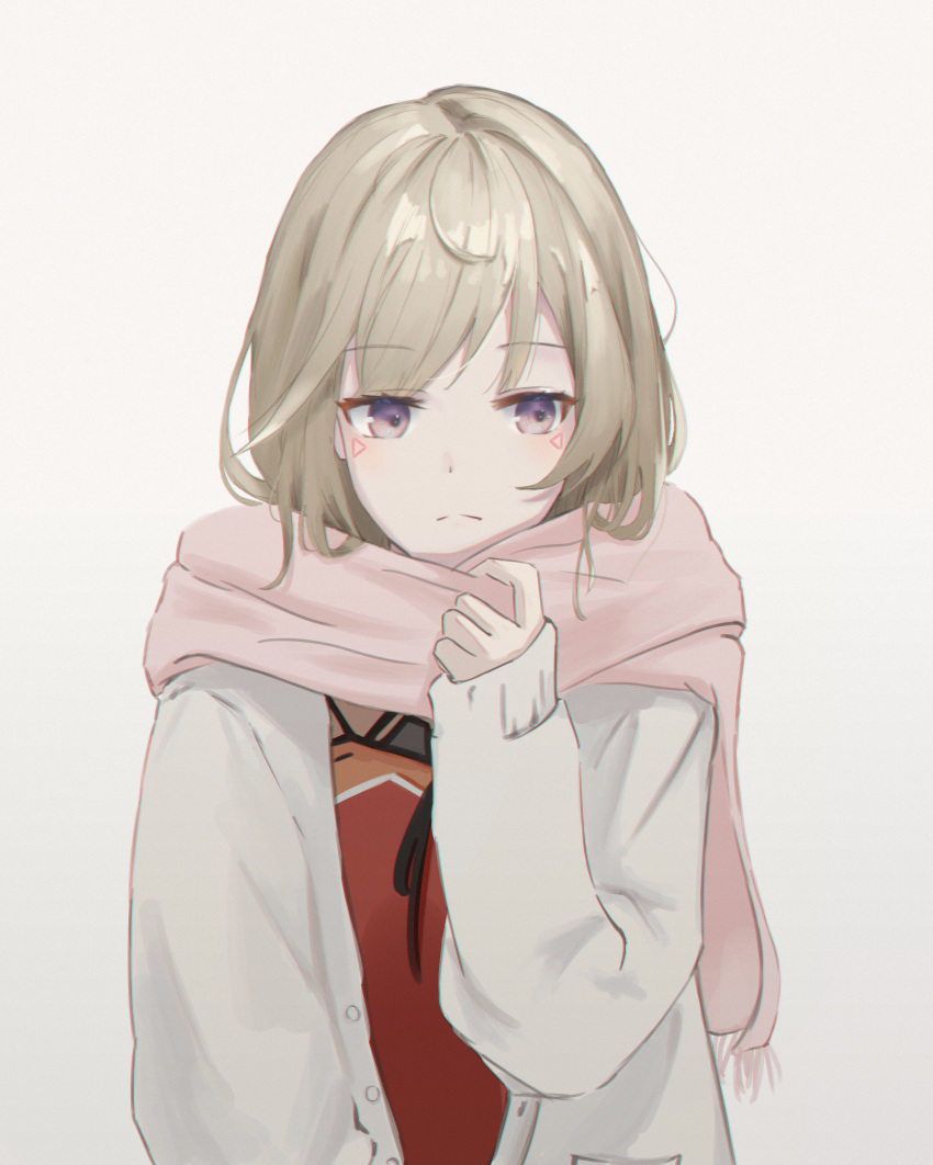 1girl absurdres bangs brown_hair coat dress eyebrows_visible_through_hair facial_mark highres komori_met long_hair looking_at_viewer nif7y no_hat no_headwear pink_scarf purple_eyes red_dress scarf solo v_ap_art virtual_youtuber white_coat