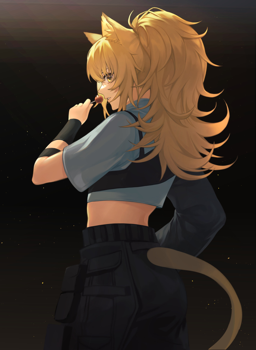 1girl absurdres arknights asymmetrical_sleeves bangs black_background black_pants blonde_hair candy commentary cowboy_shot crop_top food grey_shirt hand_up highres holding holding_food lion_tail lollipop long_hair looking_at_viewer midriff official_alternate_costume pants parted_lips ponytail shirt siege_(arknights) siege_(city_destroyer)_(arknights) solo standing tail wristband yellow_eyes yowza