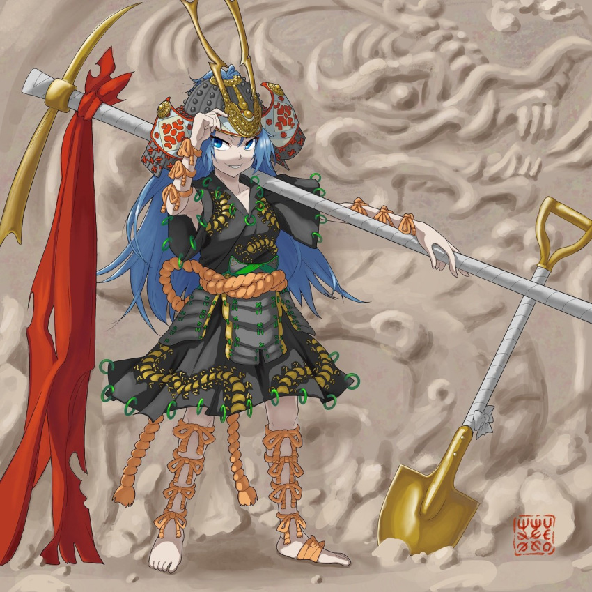 1girl adapted_costume aoiueo12 arm_ribbon arm_strap armor barefoot barefoot_sandals blue_eyes blue_hair bow breasts cave centipede_print commentary_request green_shirt green_skirt grin helmet highres himemushi_momoyo holding holding_pickaxe japanese_armor jewelry kabuto_(helmet) leg_ribbon leg_strap long_hair looking_at_viewer medium_breasts messy_hair orange_bow orange_ribbon orange_sash oversized_object pickaxe red_ribbon ribbon ring rope shirt short_sleeves shovel skirt skirt_set smile standing toes touhou very_long_hair wide_sleeves