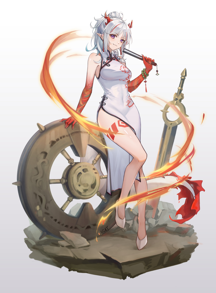 1girl absurdres arknights artist_name bangs bare_legs bare_shoulders bead_bracelet beads bracelet breasts china_dress chinese_clothes closed_fan closed_mouth colored_skin covered_navel dragon_girl dragon_horns dragon_tail dress eyebrows_visible_through_hair faux_figurine fiery_tail folding_fan gradient_skin hand_fan highres holding holding_fan horns impossible_clothes impossible_dress jewelry leg_tattoo leg_up looking_at_viewer medium_breasts multicolored_hair nan_jiu_(4517121392) nian_(arknights) nian_(unfettered_freedom)_(arknights) pelvic_curtain planted planted_sword purple_eyes red_hair red_skin shield short_hair silver_hair simple_background sleeveless sleeveless_dress smile solo standing standing_on_one_leg streaked_hair sword tail tattoo two-tone_hair weapon white_background white_dress white_footwear