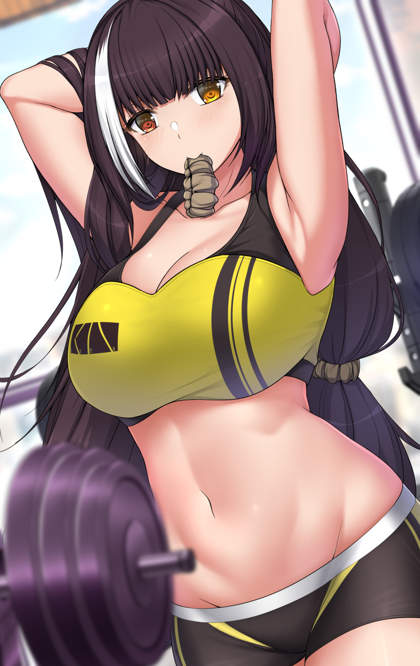 1girl absurdres alternate_costume armpits arms_behind_head bangs black_shorts blush breasts brown_hair cleavage closed_mouth collarbone commission english_commentary eyebrows_visible_through_hair feet_out_of_frame girls'_frontline gym hair_ornament hairclip heterochromia highres large_breasts long_hair looking_at_viewer mouth_hold multicolored_hair navel pixiv_request red_eyes ro635_(girls'_frontline) sheita shorts simple_background solo sports_bra standing yellow_eyes yellow_sports_bra