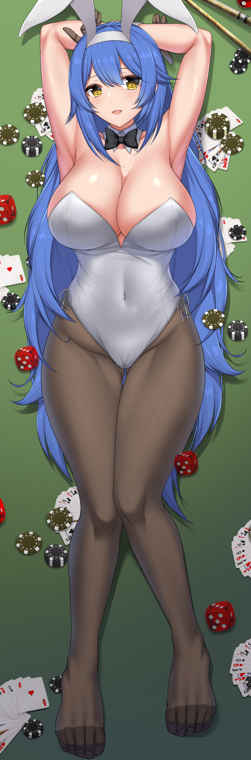 1girl absurdres animal_ears armpits arms_behind_head bangs black_bow black_bowtie black_gloves black_legwear blue_hair blush bow bowtie breasts card_game casino_card_table cleavage clip_studio_paint_(medium) collarbone commission covered_navel english_commentary eyebrows_visible_through_hair fake_animal_ears full_body girls'_frontline gloves highres large_breasts leotard long_hair looking_at_viewer lying no_shoes official_alternate_costume on_back open_mouth pantyhose parted_lips pixiv_request playboy_bunny rabbit_ears sheita simple_background smile solo tar-21_(girls'_frontline) tar-21_(night_at_the_bar)_(girls'_frontline) thighs white_leotard yellow_eyes