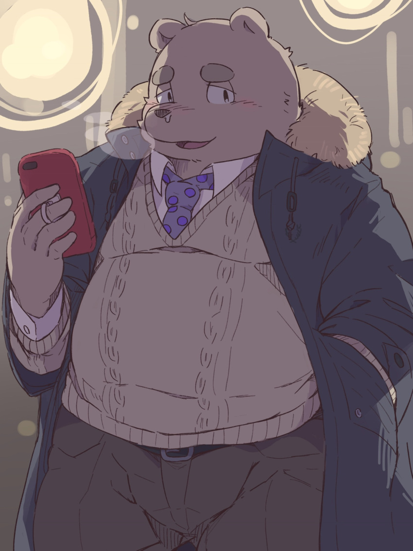 2018 anthro belly big_belly blush bottomwear brown_body cellphone clothing dv-ch hi_res humanoid_hands kemono male mammal overweight overweight_male pants phone shirt smartphone solo sweater topwear ursid