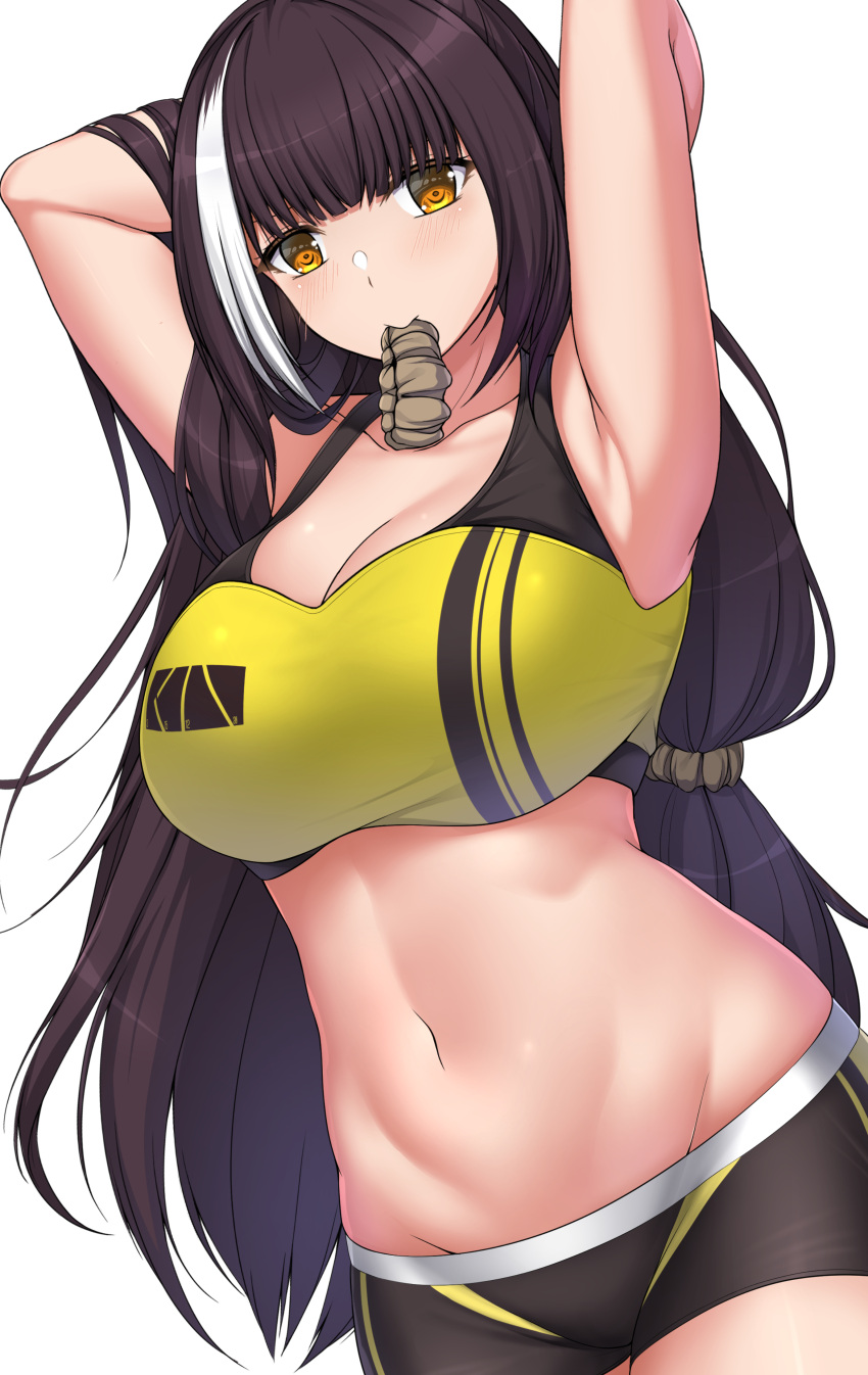 1girl absurdres alternate_costume armpits arms_behind_head bangs black_shorts blush breasts brown_hair cleavage closed_mouth collarbone commission english_commentary eyebrows_visible_through_hair feet_out_of_frame girls'_frontline hair_ornament hairclip highres large_breasts long_hair looking_at_viewer mouth_hold multicolored_hair navel pixiv_request ro635_(girls'_frontline) sheita shorts solo sports_bra standing white_background yellow_eyes yellow_sports_bra