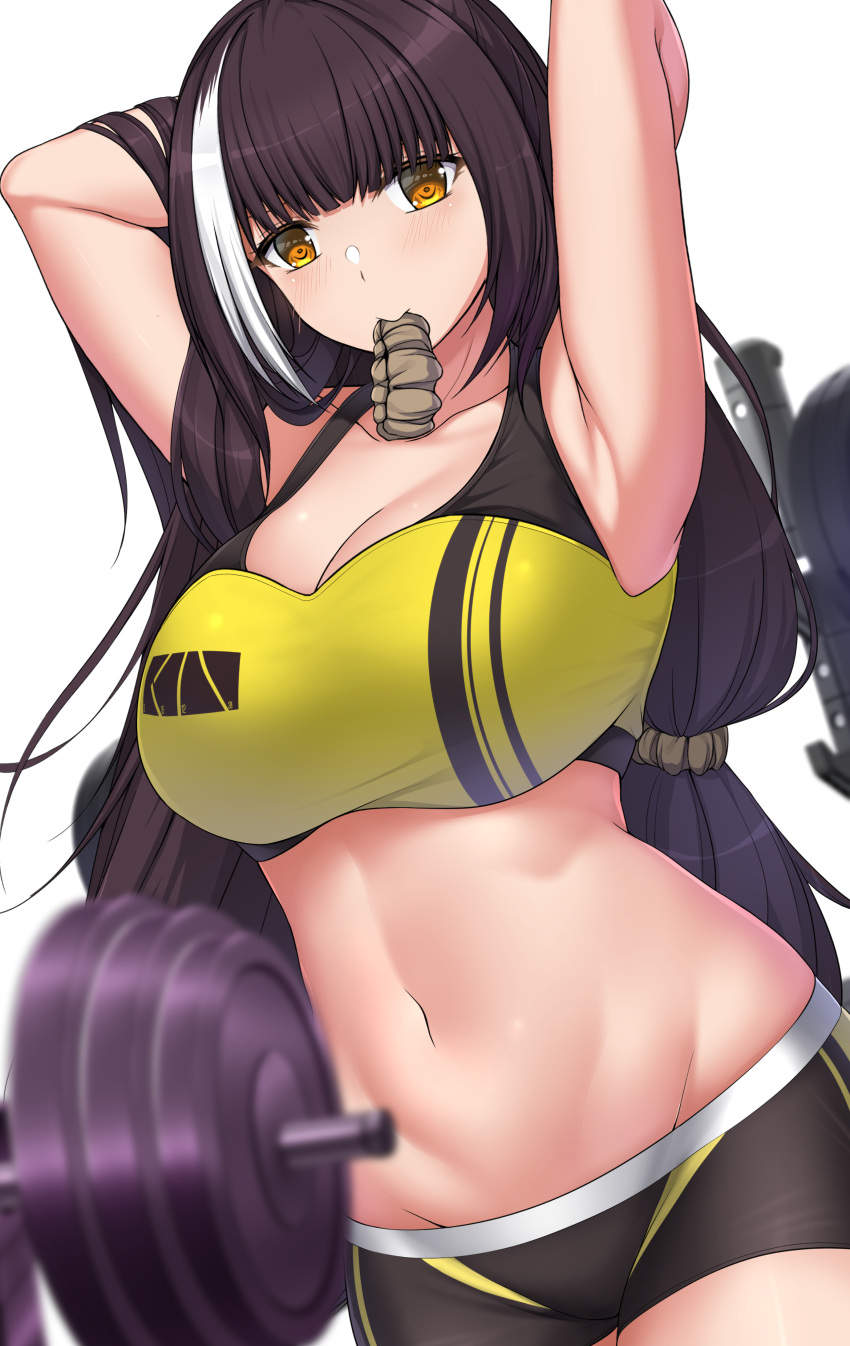 1girl absurdres alternate_costume armpits arms_behind_head bangs black_shorts blush breasts brown_hair cleavage closed_mouth collarbone commission english_commentary eyebrows_visible_through_hair feet_out_of_frame girls'_frontline hair_ornament hairclip highres large_breasts long_hair looking_at_viewer mouth_hold multicolored_hair navel pixiv_request ro635_(girls'_frontline) sheita shorts simple_background solo sports_bra standing yellow_eyes yellow_sports_bra