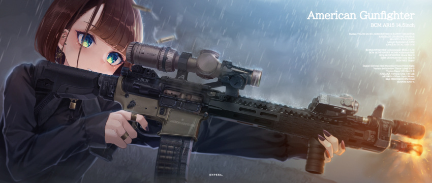 1girl absurdres ar-15 artist_name brown_hair dutch_angle enpera_(jdud8375) finger_on_trigger firing grip gun highres holding holding_gun holding_weapon jewelry laser_sight magazine_(weapon) muzzle_brake muzzle_flash nail_polish original piercing rain rifle ring scope solo weapon