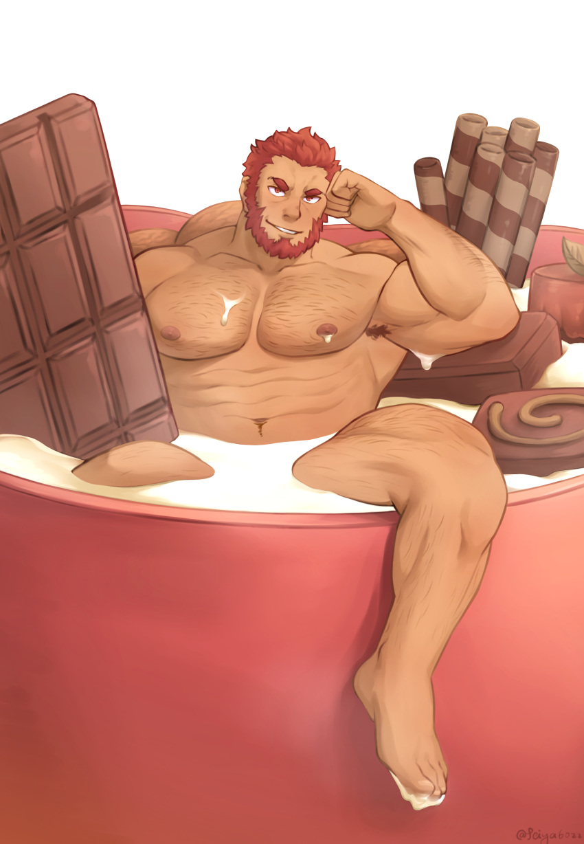 1boy abs absurdres armpit_hair bara beard biceps candy chest_hair chocolate chocolate_bar completely_nude cup dark-skinned_male dark_skin elbow_rest facial_hair fate/grand_order fate_(series) feiya6022 food highres in_container in_cup iskandar_(fate) large_pectorals leg_hair looking_at_viewer male_focus mature_male milk miniboy mug muscular muscular_male navel navel_hair nipples nude partially_submerged pectorals seductive_smile short_hair smile smirk solo stomach thick_eyebrows thick_thighs thighs valentine