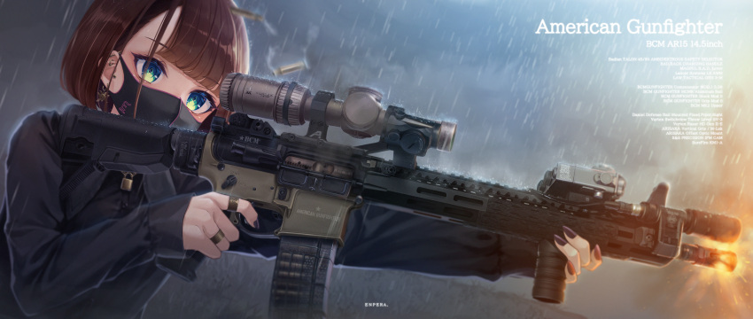 1girl absurdres ar-15 artist_name brown_hair dutch_angle enpera_(jdud8375) finger_on_trigger firing grip gun highres holding holding_gun holding_weapon jewelry laser_sight mask mouth_mask muzzle_brake muzzle_flash nail_polish original piercing rain rifle ring scope solo weapon