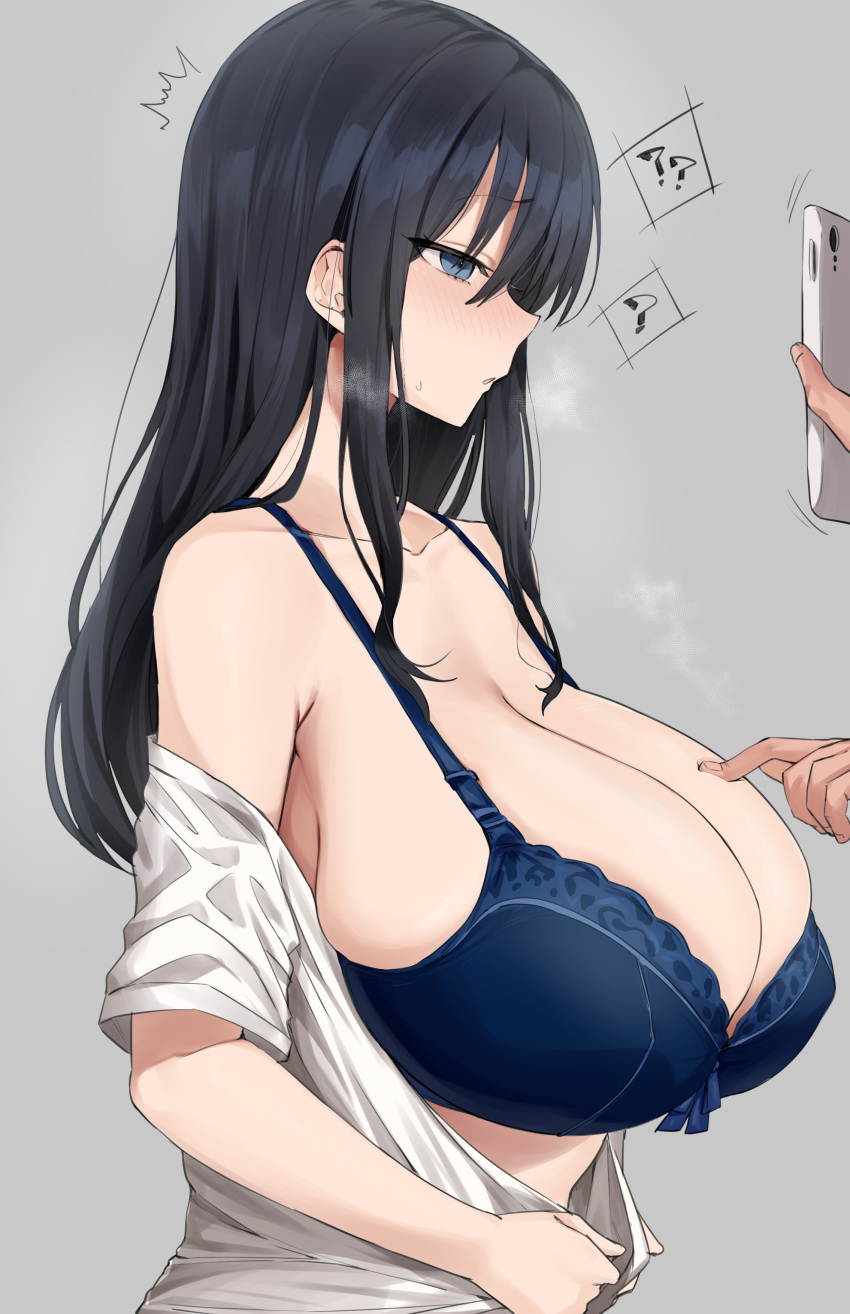1girl ? ?? absurdres bangs bare_shoulders black_hair blue_bra blue_eyes blush bra breasts cellphone cleavage collarbone commentary_request grey_background highres hotate-chan hypnosis large_breasts long_hair looking_at_phone mind_control off_shoulder original parted_lips phone shirt short_sleeves simple_background smartphone underwear upper_body white_shirt