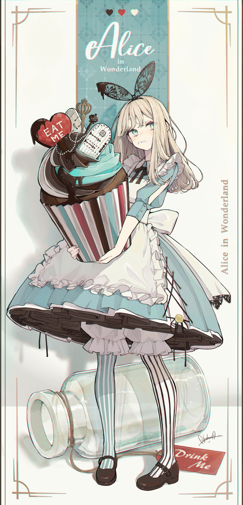 1girl :t absurdres akakura alice_(alice_in_wonderland) alice_in_wonderland aqua_dress aqua_eyes aqua_sleeves artist_name asymmetrical_legwear back_bow bangs black_bow black_bowtie blonde_hair bloomers bow bowtie brown_footwear brown_hairband brown_skirt chocolate_icing cuff_links cupcake dessert dress english_text eyebrows_visible_through_hair food food_in_mouth food_on_face framed frilled_dress frills full_body glass_bottle hair_ornament hairband heart highres holding holding_food icing long_hair looking_to_the_side mary_janes mismatched_legwear petticoat scepter shadow shoes signature skirt sleeves_past_elbows straight_hair striped striped_legwear tag underwear vertical-striped_legwear vertical_stripes white_bloomers wristband