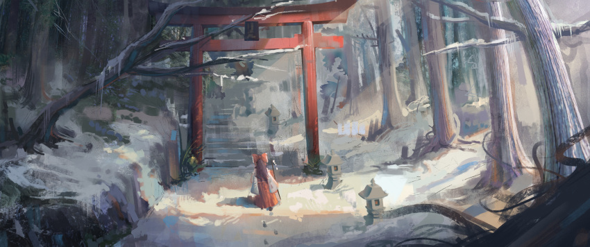 1girl absurdres bandaze bare_tree bow brown_hair commentary detached_sleeves facing_away footprints forest from_behind gohei hair_bow hakurei_reimu highres holding long_hair long_sleeves nature outdoors red_bow red_shirt red_skirt scenery shirt sidelocks skirt snow solo stairs stone_lantern torii touhou tree white_sleeves wide_sleeves