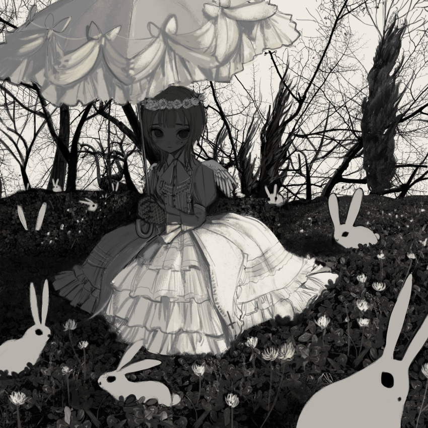 1girl @_@ animal bangs bunny clover dress flower gloves head_wreath highres holding juliet_sleeves lolita_fashion long_sleeves looking_at_viewer mini_wings mole mole_under_eye narue original outdoors parasol puffy_sleeves short_hair sitting symbol-only_commentary tree umbrella wings
