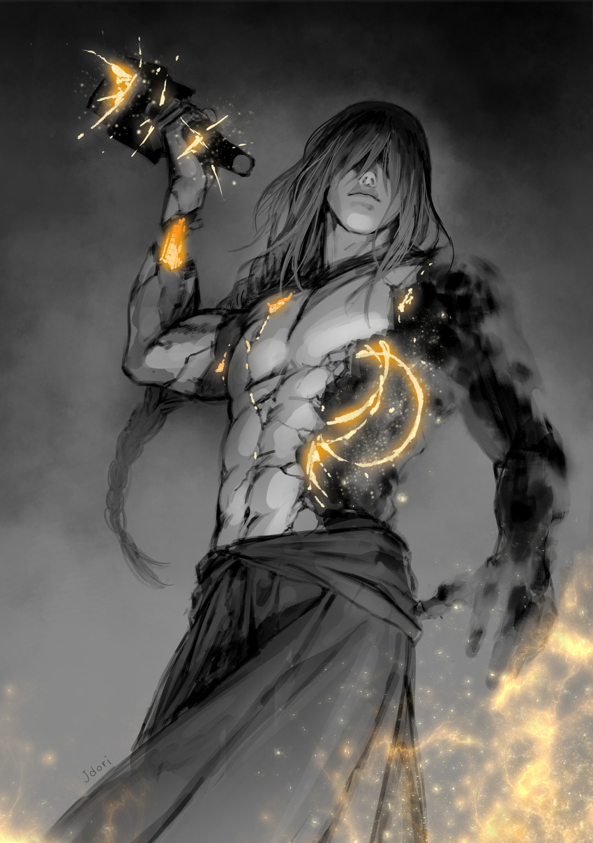 1boy abs absurdres bangs closed_mouth commentary cracked_skin elden_ring hammer highres holding holding_hammer hole_in_chest hole_on_body jdori long_hair male_focus navel radagon_of_the_golden_order skirt solo sparkle topless_male