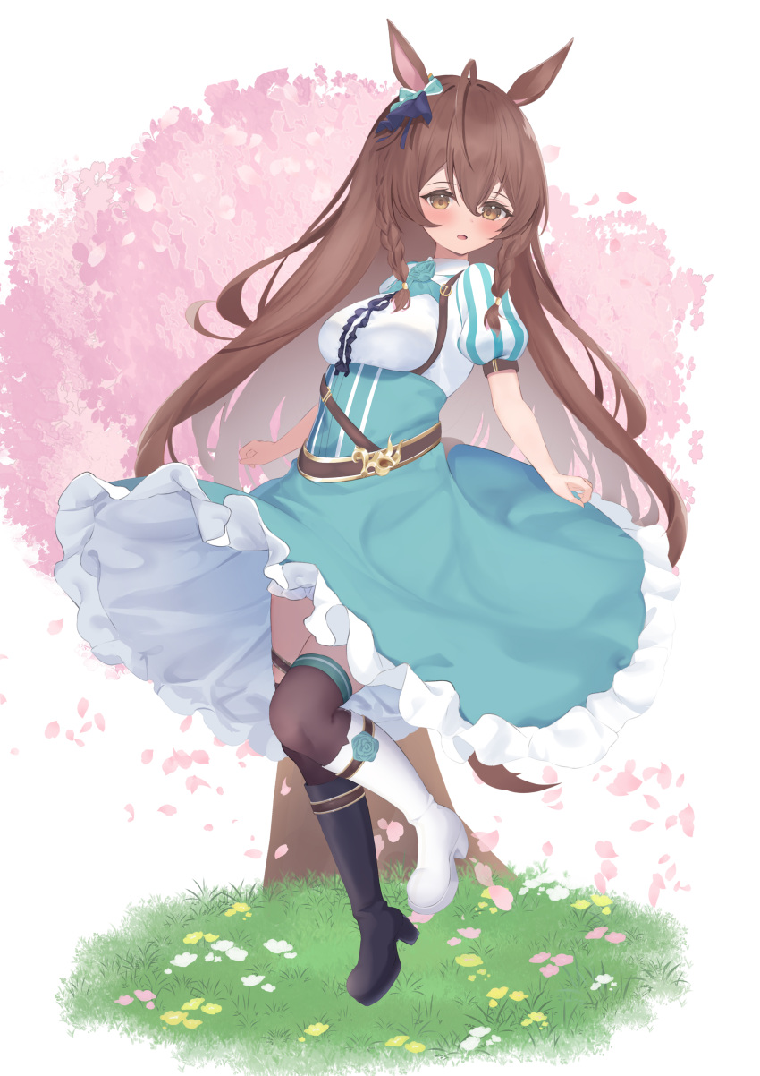 1girl :d absurdres ahoge animal_ears black_footwear blue_flower blue_rose blue_skirt blush boots braid breasts brown_eyes brown_hair brown_legwear commentary_request flower frilled_skirt frills full_body grass highres horse_ears horse_girl horse_tail knee_boots long_hair medium_breasts mejiro_bright_(umamusume) petals pink_flower puffy_short_sleeves puffy_sleeves roido_(taniko-t-1218) rose shirt short_sleeves simple_background skirt smile solo standing standing_on_one_leg tail thighhighs thighhighs_under_boots tree umamusume very_long_hair white_background white_flower white_footwear white_shirt yellow_flower