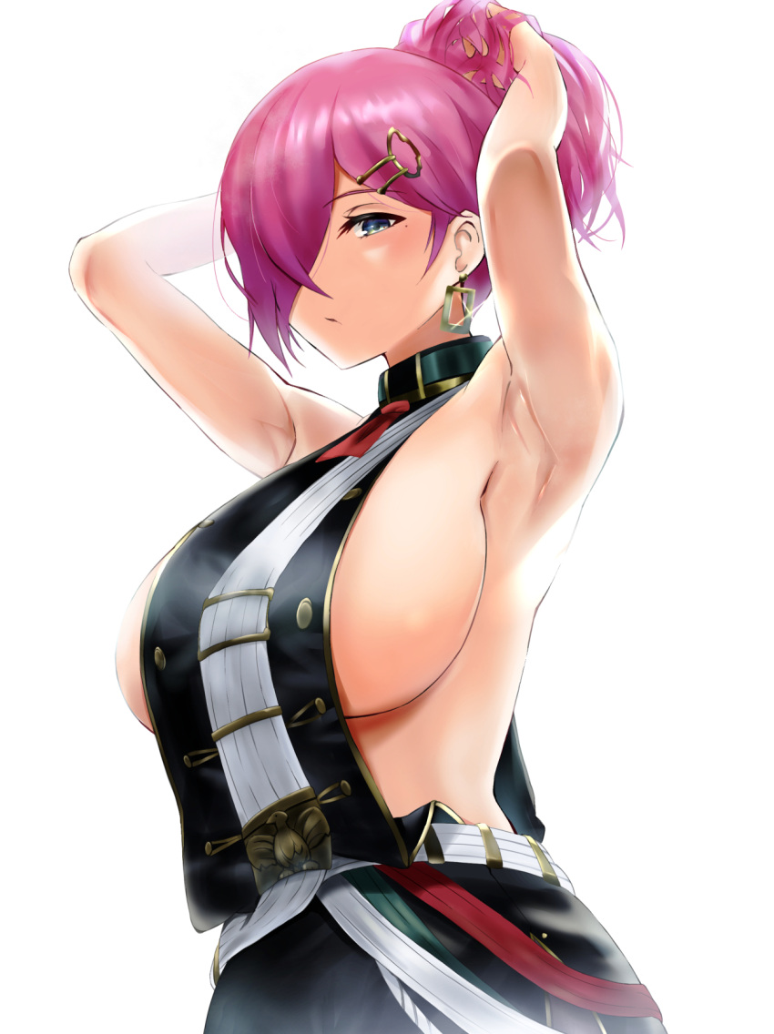 1girl armpits arms_up azur_lane bangs bare_shoulders black_legwear black_skirt breasts closed_mouth commentary_request cowboy_shot earrings eyebrows_visible_through_hair glint green_eyes hair_between_eyes hair_ornament hair_over_one_eye hairclip highres jewelry large_breasts long_hair looking_at_viewer miniskirt mole mole_under_eye neckerchief partial_commentary pencil_skirt pink_hair ponytail red_neckerchief revealing_clothes reward_available ryo._(okame124) sideboob sidelocks simple_background single_earring skirt solo standing tabard trieste_(azur_lane) tying_hair white_background