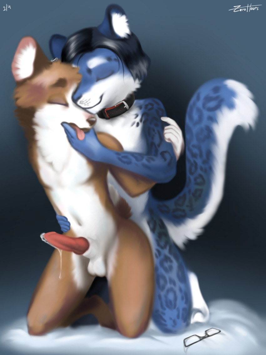 anal anal_penetration animal_genitalia animal_penis anthro black_hair blue_body blue_fur bodily_fluids canid canine canine_penis canis cipher_(zerohours) collar domestic_dog dominant dominant_male duo embrace eyes_closed felid fur genital_fluids genitals hair herding_dog hi_res hug hugging_from_behind kneeling leaking_precum male male/male mammal muzzle_grab neck_tuft nude nuzzling pantherine pastoral_dog penetration penis precum sex simple_background snow_leopard submissive submissive_male tongue tongue_out tuft welsh_corgi zerohours