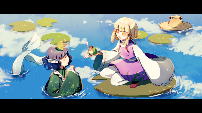 ! 2girls animal bangs blonde_hair blunt_bangs cake_mogo closed_eyes day fish_tail frog_on_head green_kimono hair_ribbon hat hat_removed head_fins headwear_removed holding holding_animal japanese_clothes kimono letterboxed lily_pad long_sleeves looking_at_another mermaid monster_girl moriya_suwako multiple_girls open_mouth outdoors partially_submerged print_kimono print_skirt purple_skirt purple_vest red_ribbon reflection reflective_water ribbon shirt skirt tail teeth thighhighs touhou upper_teeth vest wakasagihime water white_legwear white_shirt wide_sleeves