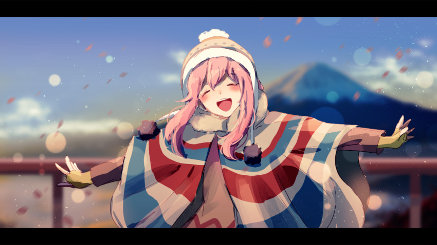 1girl ^_^ bangs blue_sky blurry blurry_background blush cake_mogo closed_eyes cloud day facing_viewer fingerless_gloves gloves happy hat kagamihara_nadeshiko landscape letterboxed long_hair long_sleeves mountain nature open_mouth outdoors outstretched_arms petals pink_hair poncho railing scenery sky smile solo teeth upper_teeth winter_clothes yellow_gloves yurucamp
