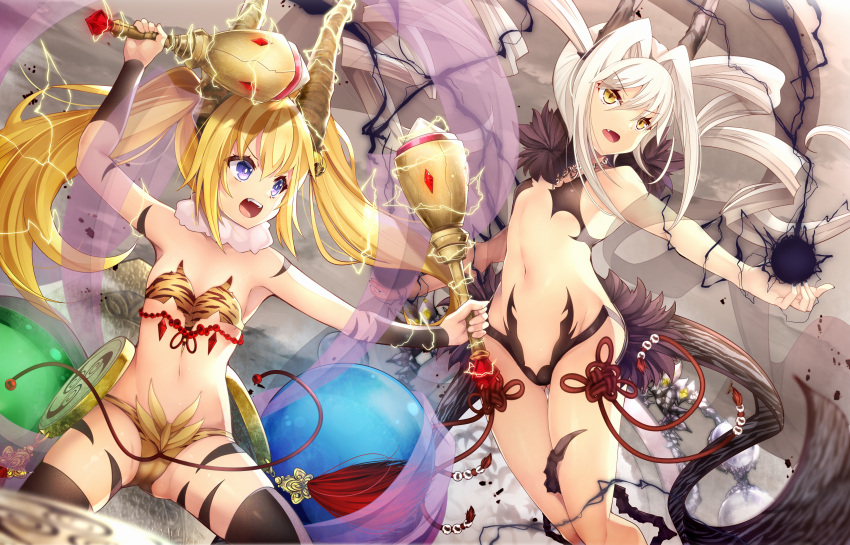 2girls :o absurdres animal_print arm_up armpits ass_visible_through_thighs awakening_(sennen_sensou_aigis) bangs bare_shoulders bell black_shawl blonde_hair body_markings breasts cameltoe choker commentary_request dot_nose electricity electrokinesis eyebrows_visible_through_hair fang floating_hair fur_choker grey_sky groin hair_bell hair_between_eyes hair_intakes hair_ornament highres holding holding_weapon horns jewelry long_hair looking_away looking_to_the_side lowleg mitsudomoe_(shape) multiple_girls navel necklace open_mouth orb outstretched_arms overcast purple_eyes purple_shawl ramii_(sennen_sensou_aigis) remii revealing_clothes ribbon sennen_sensou_aigis shawl siblings sidelocks sisters small_breasts taicho128 tassel thighs tiger_print tiger_stripes tomoe_(symbol) twintails v-shaped_eyebrows weapon white_hair wristband yellow_eyes