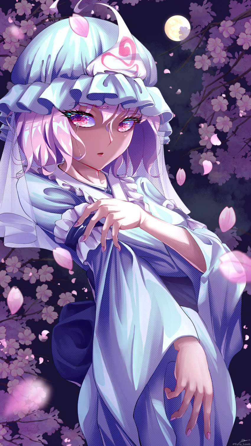 1girl absurdres cherry_blossoms crying crying_with_eyes_open dd_tachibana frills full_moon hair_between_eyes hat highres japanese_clothes kimono long_sleeves looking_at_viewer mob_cap moon nail_polish night night_sky parted_lips petals pink_eyes pink_hair sad saigyouji_yuyuko short_hair sky solo tears touhou tree triangular_headpiece veil wide_sleeves