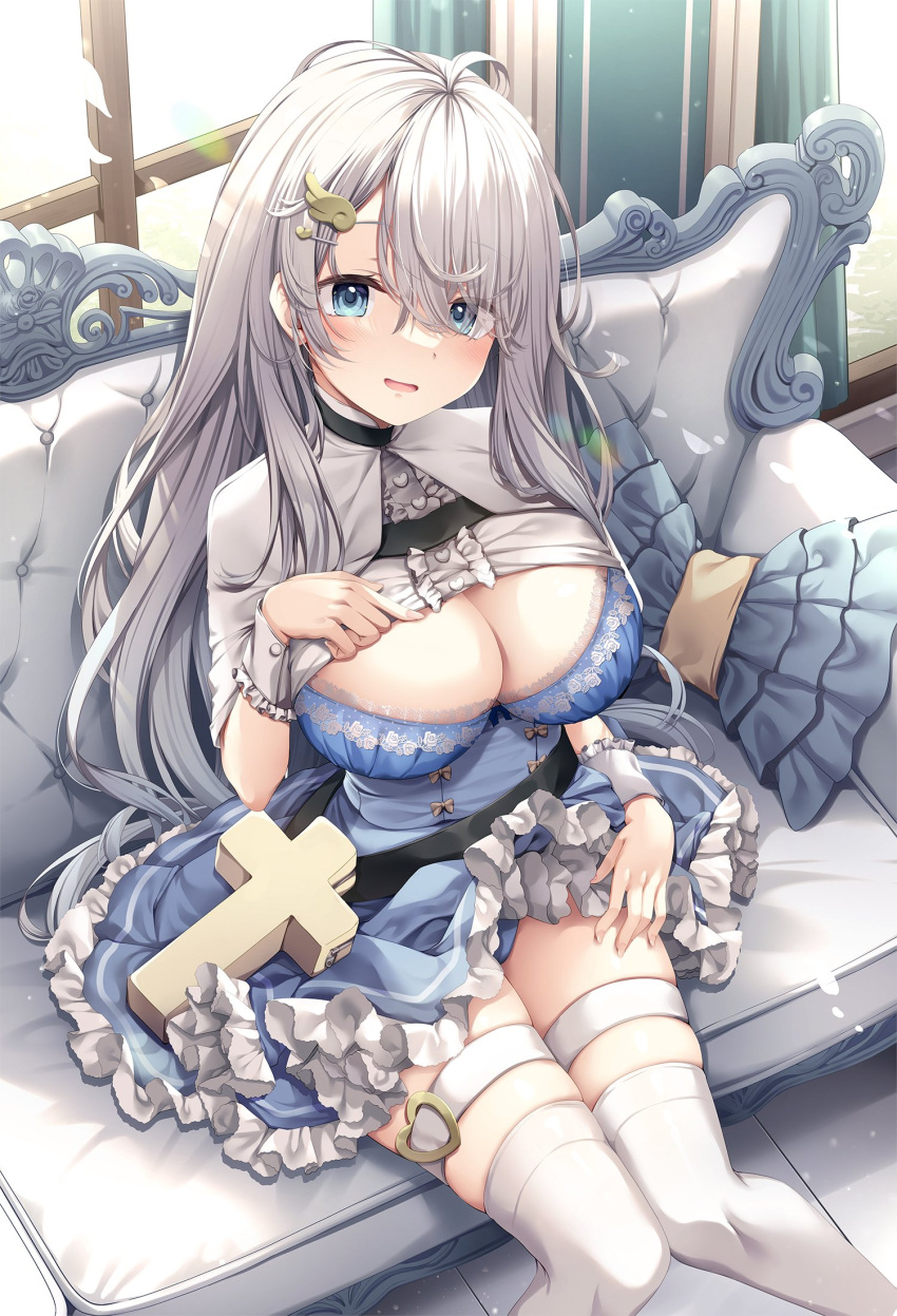 1girl black_choker black_legwear blue_bra blue_dress blue_hair bra breasts choker cleavage clothes_lift commentary couch cowboy_shot cross curtains dress eyes_visible_through_hair forehead frilled_dress frills grey_hair hair_over_one_eye heart_o-ring highres indoors kinokomushi knees_together_feet_apart lace-trimmed_bra lace_trim large_breasts lifted_by_self long_hair looking_at_viewer open_mouth original panties pantyshot rainbow_gradient shadow shirt_lift sitting skirt skirt_lift solo thigh_strap thighhighs thighs underwear window wrist_cuffs