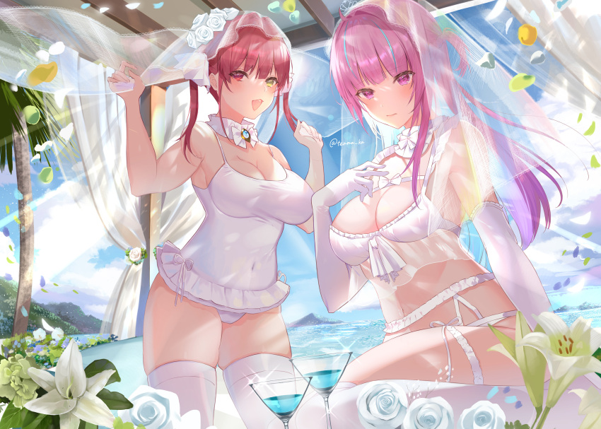 2girls :d absurdres bikini blue_sky breasts bridal_veil ceiling cleavage cocktail_glass coconut_tree cup detached_collar drinking_glass flower highres hololive houshou_marine hua_shu_tenma large_breasts minato_aqua multiple_girls ocean one-piece_swimsuit palm_tree petals pink_eyes pink_hair red_eyes red_hair skindentation sky smile swimsuit thighhighs tree twintails veil virtual_youtuber white_bikini white_legwear yellow_eyes
