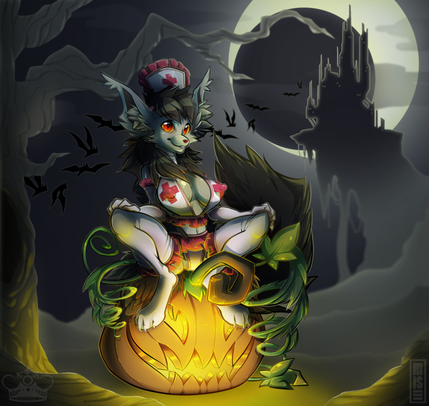4_toes anthro anthrofied breasts canid canine castle chiropteran claws cleavage clothed clothing collaboration dead_tree detailed_background feet female food frilly frilly_clothing fruit fur halloween hand_on_knee hand_on_leg headgear hi_res holidays jack-o'-lantern legwear mammal mightyena misericorde moon nintendo nipple_outline nipples nurse_clothing nurse_uniform plant pok&eacute;mon pok&eacute;mon_(species) pumpkin red_eyes signature sitting smile solo spread_legs spreading stockings toes tree underwear uniform video_games vines whimsydreams yellow_sclera