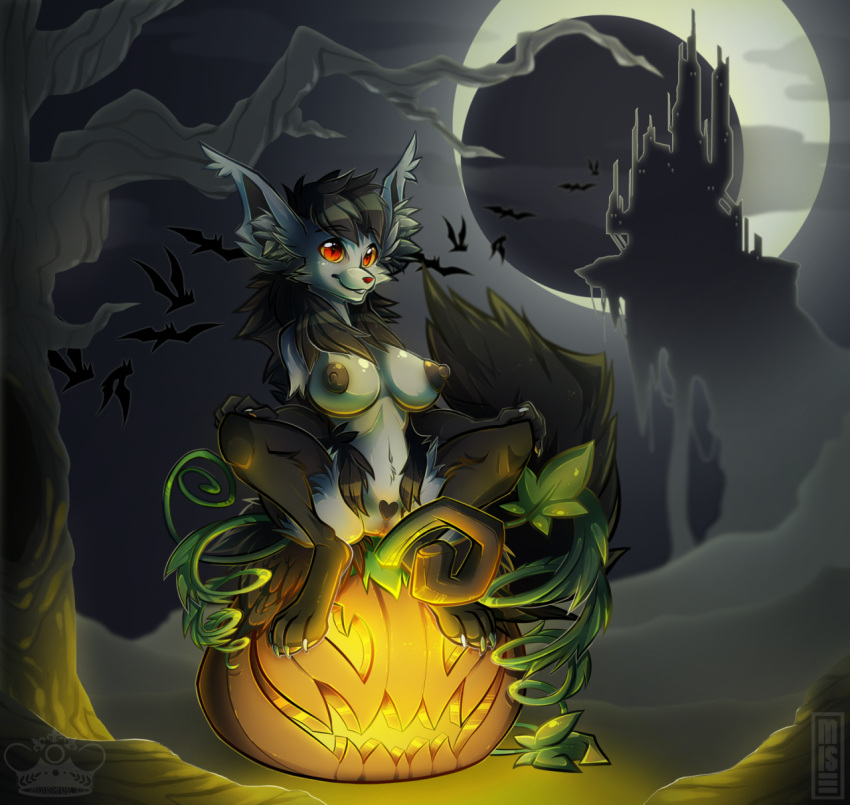 4_toes anthro anthrofied areola breasts canid canine castle chiropteran claws collaboration dead_tree detailed_background feet female food fruit fur genitals halloween hand_on_knee hand_on_leg hi_res holidays jack-o'-lantern mammal mightyena misericorde moon nintendo nipples nude plant pok&eacute;mon pok&eacute;mon_(species) pumpkin pussy red_eyes signature sitting smile solo spread_legs spreading toes tree video_games vines whimsydreams yellow_sclera
