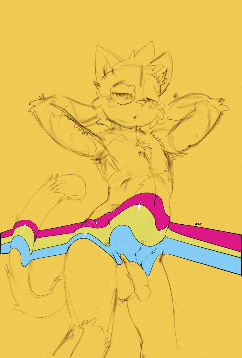 anthro balls biped cheek_tuft chest_tuft dipstick_tail domestic_cat elbow_tufts facial_tuft felid feline felis flaccid front_view genitals glans hair half-closed_eyes hi_res humanoid_genitalia humanoid_penis inner_ear_fluff lgbt_pride looking_at_viewer male mammal markings narrowed_eyes navel nipples open_mouth oselotti partially_colored penis pride_colors short_hair solo tail_markings tuft