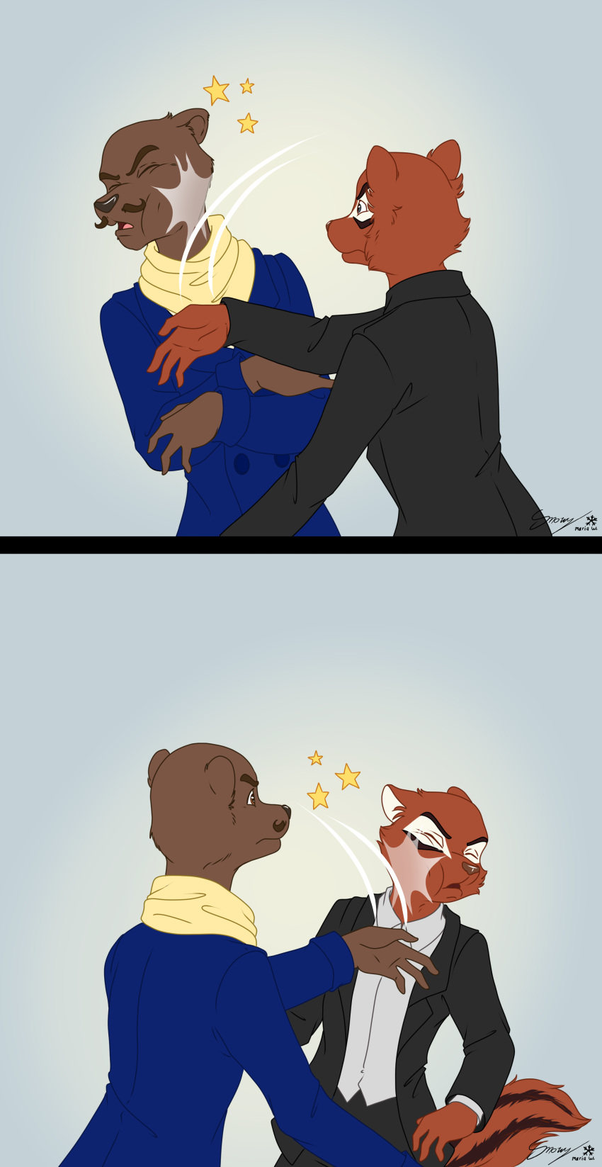 absurd_res anthro chipmunk comic duo face_slapping fight ground_squirrel hi_res lewis_(kelaiah) lutrine male mammal mustelid rex_(kelaiah) rodent sciurid slap snowy-weather