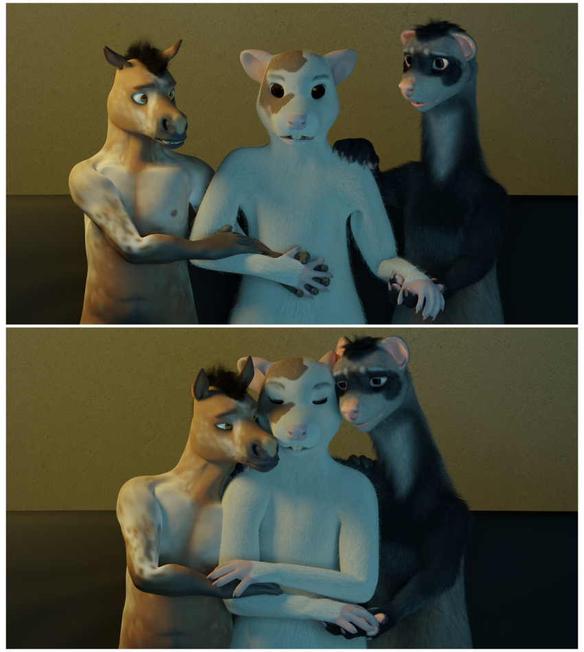 3d_(artwork) anthro blackxeno_(artist) blender_(software) comic cuddling digital_media_(artwork) domestic_ferret equid equine group hand_holding hi_res horse male mammal mouse murid murine mustela mustelid musteline nuzzling rodent true_musteline untied_verbeger