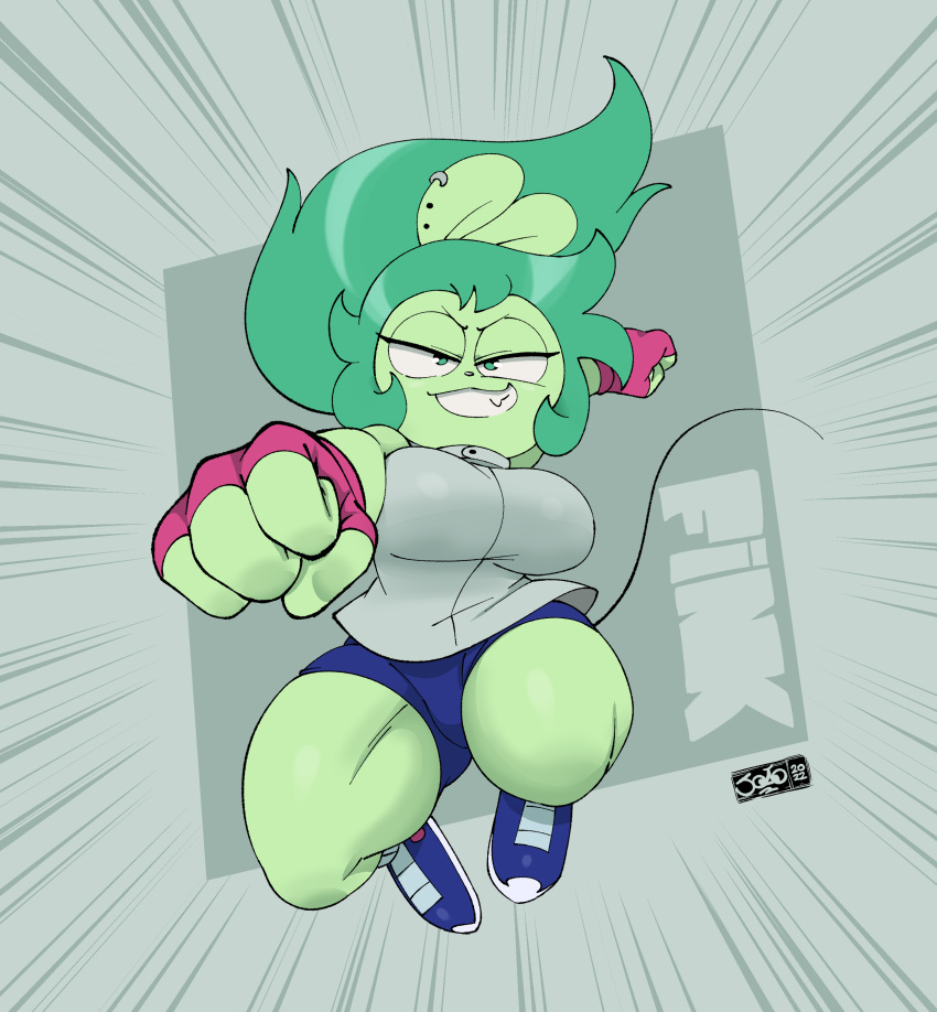 absurd_res action_pose anthro big_breasts bottomwear breasts cartoon_network clothing ear_piercing female fingerless_gloves fink_(ok_k.o.!_lbh) fist footwear gloves green_body green_eyes green_hair hair half-closed_eyes handwear hi_res joaoppereiraus looking_at_viewer mammal murid murine narrowed_eyes ok_k.o.!_let's_be_heroes piercing pose rat rodent shirt shoes shorts smile sneakers solo thick_thighs topwear