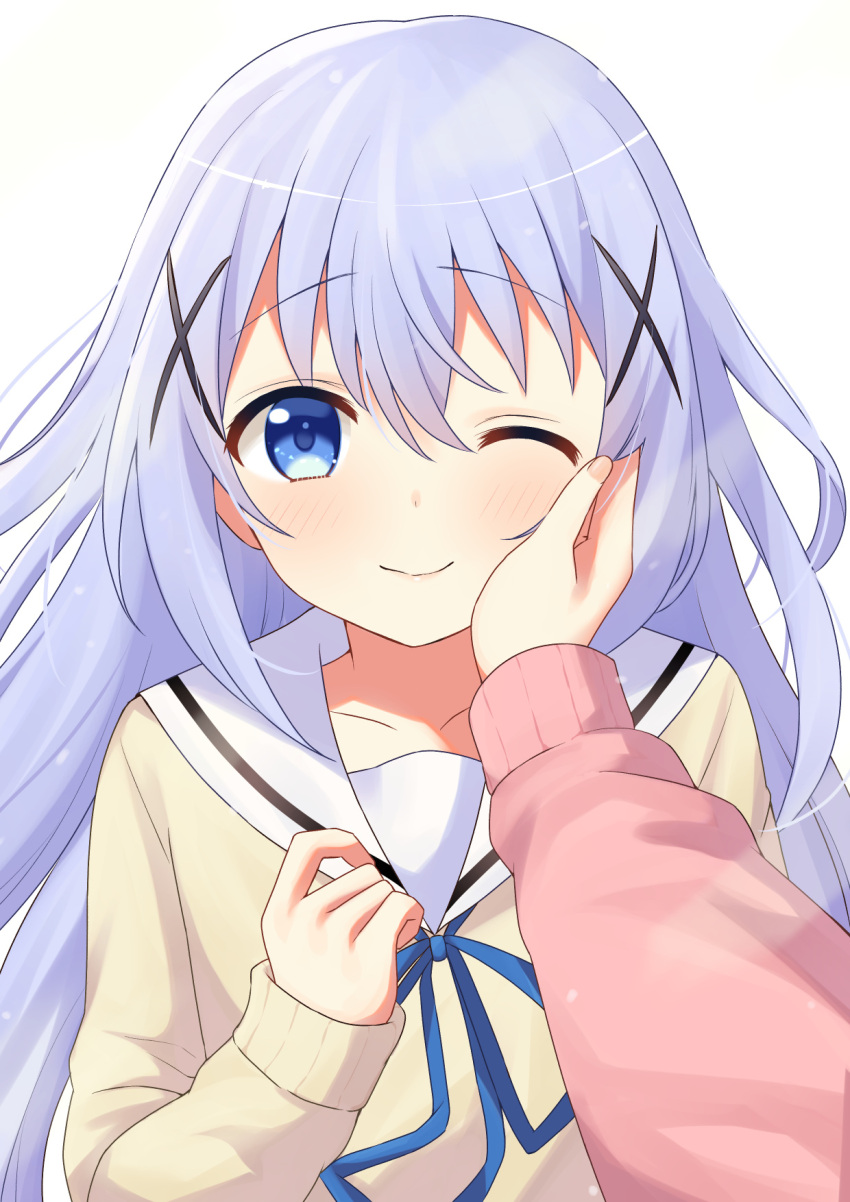 2girls ;) bangs blue_eyes blue_ribbon closed_mouth collarbone eyebrows_visible_through_hair floating_hair furutori gochuumon_wa_usagi_desu_ka? hair_between_eyes hair_ornament hand_on_another's_cheek hand_on_another's_face highres hoto_cocoa kafuu_chino kafuu_chino's_school_uniform long_hair looking_at_viewer multiple_girls neck_ribbon one_eye_closed pov ribbon sailor_collar school_uniform shiny shiny_hair silver_hair simple_background smile solo_focus sweater upper_body very_long_hair white_background white_sailor_collar white_sweater x_hair_ornament