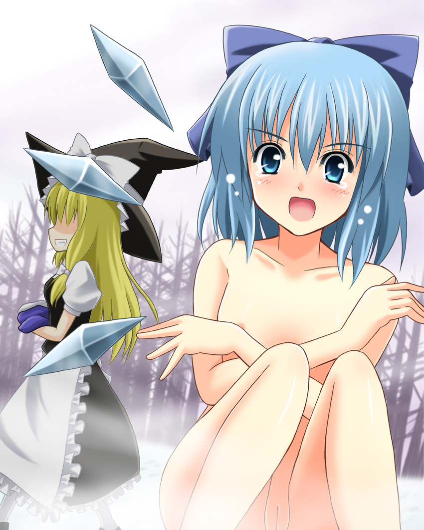 blonde_hair blue_eyes blue_hair blush bow breast_hold breasts cirno covering embarrassed grin hair_bow hat highres ice kirisame_marisa long_hair multiple_girls nude open_mouth pussy sazaki_hiyoru short_hair smile touhou uncensored wings witch_hat