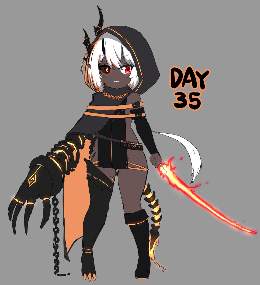 1girl absurdres bailingxiao_jiu bangs black_cloak black_footwear black_sclera boots claw_(weapon) clenched_teeth cloak colored_sclera dark-skinned_female dark_skin eyebrows_visible_through_hair fiery_tail flaming_sword flaming_weapon full_body grey_background groin hair_between_eyes highres holding holding_sword holding_weapon hood hood_up hooded_cloak horns knee_boots mismatched_sclera multicolored_hair orange_hair original parted_lips pelvic_curtain pointy_ears red_eyes simple_background single_knee_boot solo standing streaked_hair sword tail teeth v-shaped_eyebrows weapon white_hair