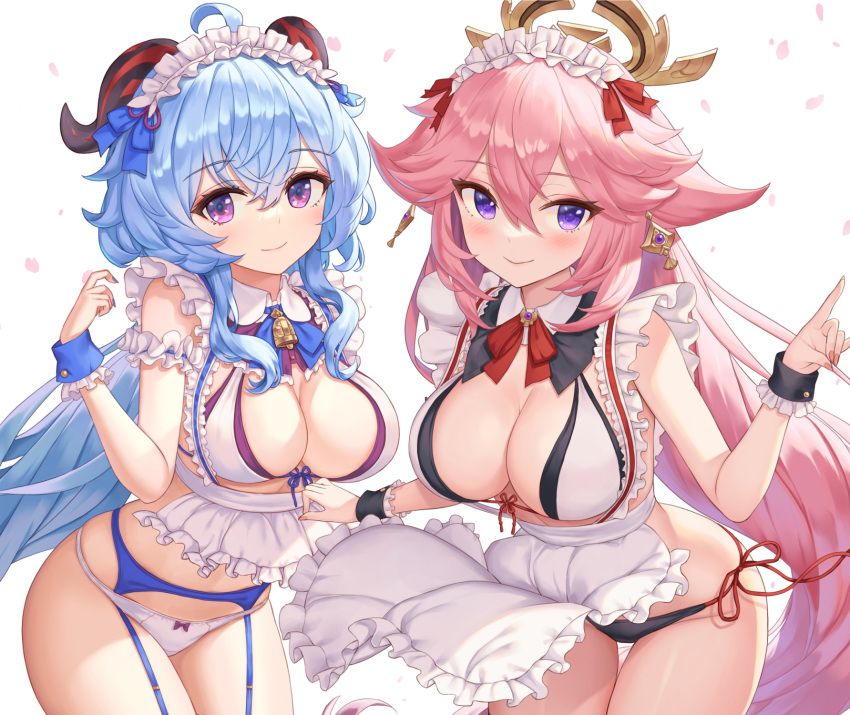 2girls ahoge apron bell black_panties blue_hair bow bow_panties breasts cleavage closed_mouth earrings eyebrows_visible_through_hair ganyu_(genshin_impact) genshin_impact goat_horns hamahama highres horns jewelry large_breasts long_hair looking_at_viewer maid_apron maid_headdress multiple_girls neck_bell panties pink_hair purple_eyes smile underwear white_apron white_panties yae_miko