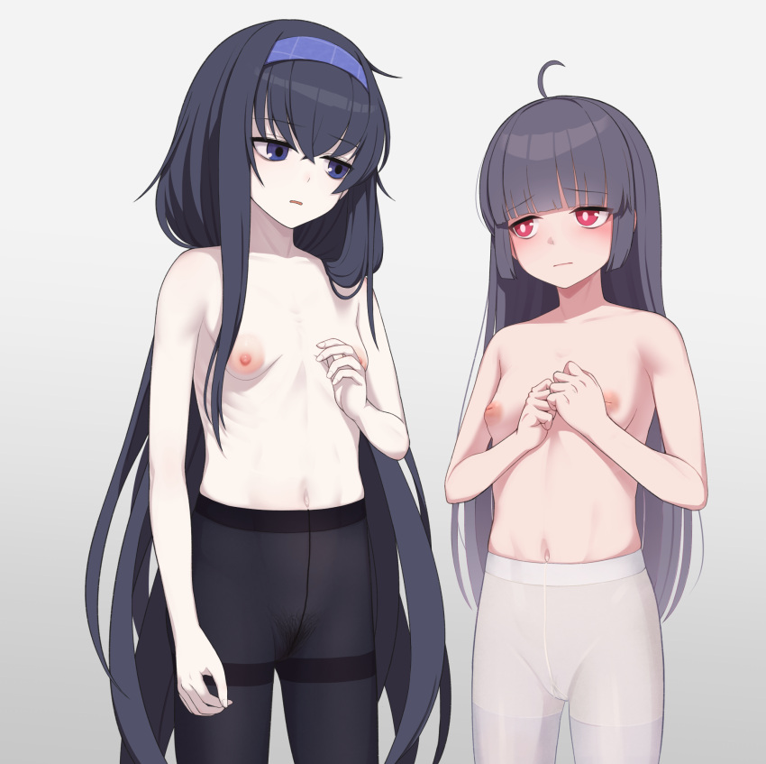 2girls ahoge bangs black_hair black_legwear blue_archive blue_eyes blue_hairband blunt_bangs blush breasts closed_mouth crossed_bangs eyebrows_visible_through_hair female_pubic_hair hair_between_eyes hairband highres inverted_nipples long_hair low_twintails miyu_(blue_archive) multiple_girls nipples pale_skin pantyhose parted_lips pubic_hair red_eyes ribs simple_background taji_(crowview) thighband_pantyhose topless twintails ui_(blue_archive) very_long_hair white_legwear