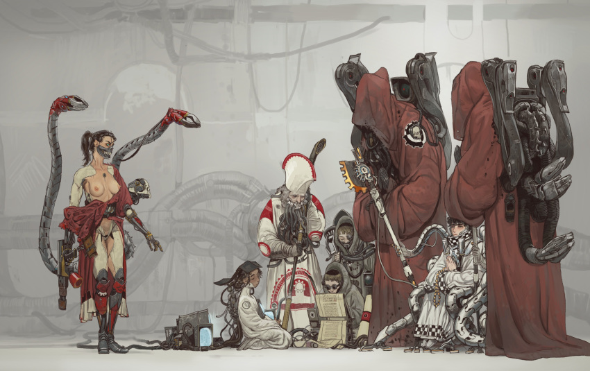 1girl absurdres adeptus_mechanicus beard black_hair breasts breasts_out cloak crotch_plate cyborg dark_skin facial_hair flamethrower highres holding holding_weapon hood hooded_cloak mechanical_arms mechanical_legs mossacannibalis multiple_boys multiple_others nipples ponytail praying prosthesis red_cloak red_hood robe size_difference skitarii techpriest tentacles warhammer_40k weapon