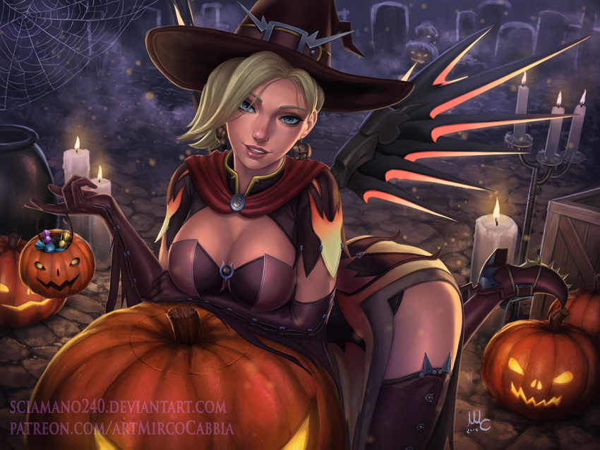 1girl artist_name basket blonde_hair blue_eyes bodice breast_hold breasts brown_gloves brown_legwear candle candlestand candy cleavage commentary costume dated deviantart_username earrings elbow_gloves english_commentary food food-themed_earrings gloves glowing graveyard halloween halloween_bucket halloween_costume hat high_collar holding holding_basket italian_commentary jack-o'-lantern jewelry lantern large_breasts leaning_forward light_particles lips long_hair looking_at_viewer mechanical_wings mercy_(overwatch) mixed-language_commentary night nose nostrils official_alternate_costume overwatch parted_lips patreon_username pelvic_curtain pumpkin pumpkin_earrings reward_available sciamano240 short_hair signature silk solo spider_web teeth thighhighs tombstone upper_teeth web_address wings witch witch_hat