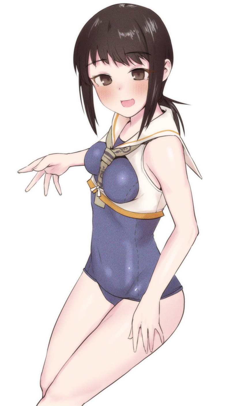 1girl black_eyes black_hair blue_swimsuit breast_cutout breasts brown_eyes cosplay cowboy_shot eyebrows_visible_through_hair framed_breasts fubuki_(kancolle) hair_between_eyes happi highres i-13_(kancolle) i-13_(kancolle)_(cosplay) japanese_clothes kantai_collection looking_at_viewer low_ponytail one-piece_swimsuit open_mouth ponytail sailor_collar sakieko school_swimsuit short_ponytail sidelocks simple_background small_breasts smile solo swimsuit swimsuit_under_clothes white_background