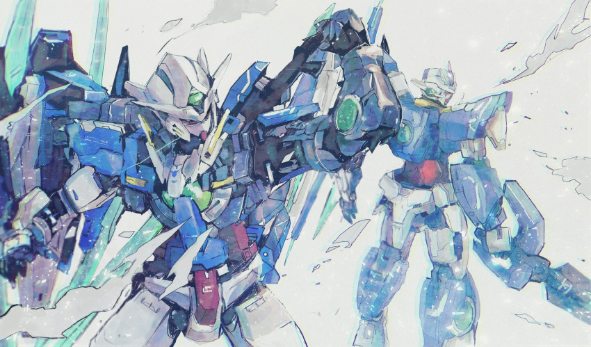 00_qan[t] aqua_eyes back-to-back commentary dust_cloud from_behind gundam gundam_00 gundam_00_a_wakening_of_the_trailblazer gundam_00_festival_10_"re:vision" gundam_exia_repair_iv highres holding holding_sword holding_weapon kare_(0621utak) looking_back mecha mobile_suit no_humans open_hand science_fiction shield simple_background standing sword upper_body v-fin weapon weapon_on_back white_background
