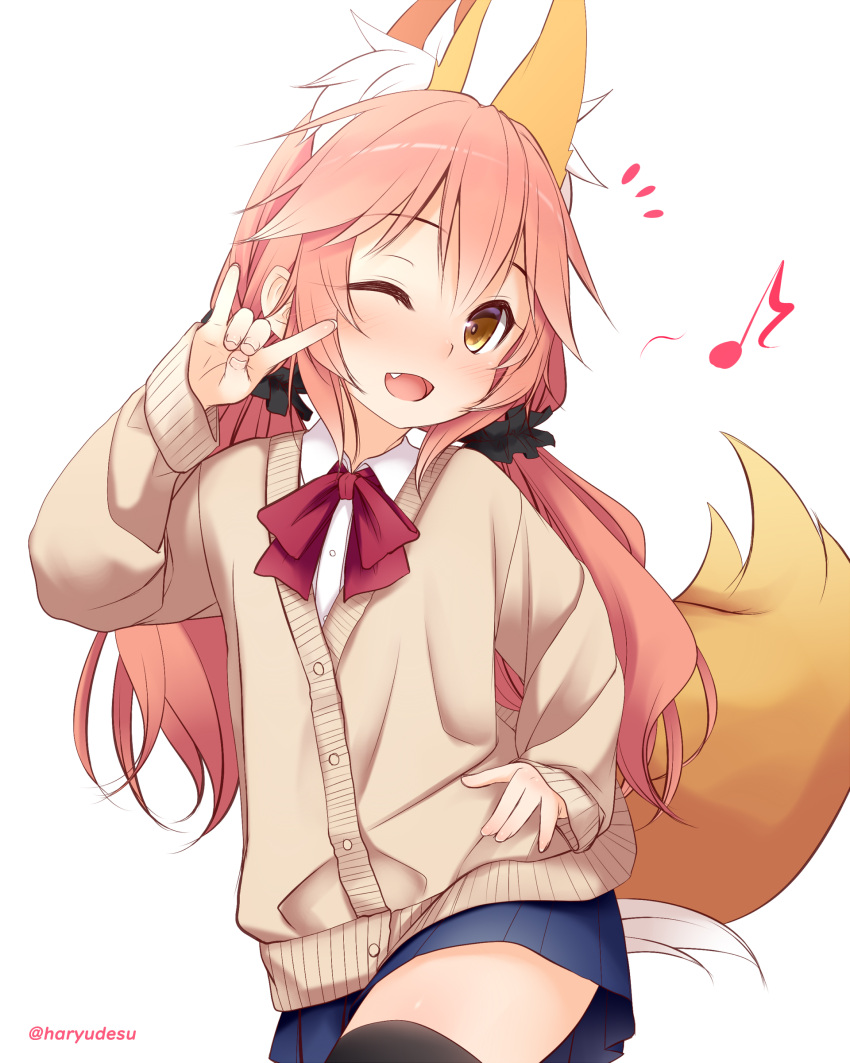 1girl ;d absurdres animal_ear_fluff animal_ears bangs black_legwear black_scrunchie blue_skirt brown_eyes commentary_request cowboy_shot fate/extra fate_(series) fox_ears fox_girl fox_tail hair_between_eyes hair_ornament hair_scrunchie hand_on_hip haryuu_(poetto) highres jacket light_blush long_hair long_sleeves looking_at_viewer low_twintails musical_note one_eye_closed pink_hair scrunchie seikan_hikou simple_background skirt smile solo tail tamamo_(fate) tamamo_no_mae_(fate/extra) thighhighs twintails twitter_username white_background