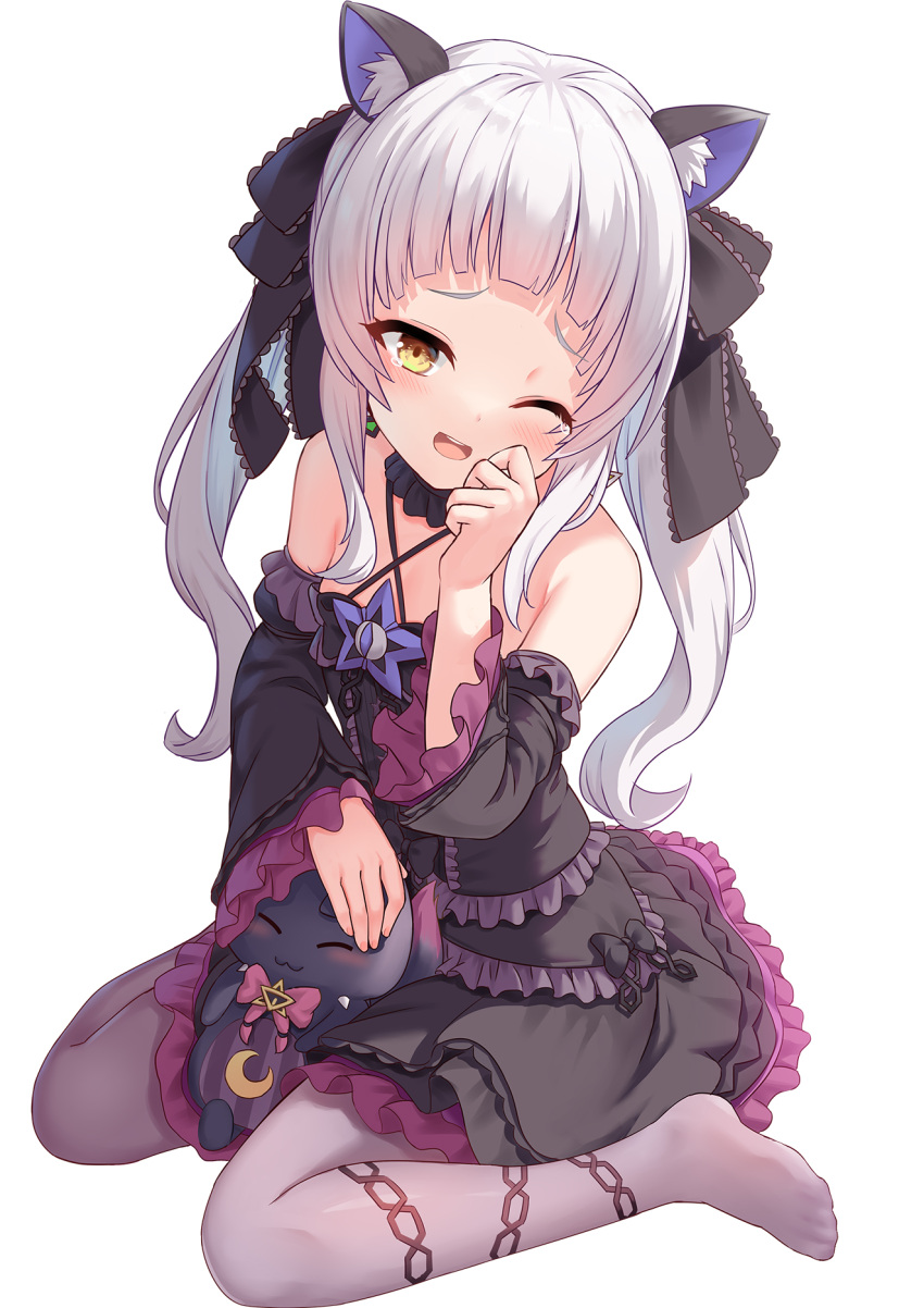 &gt;_&lt; 1girl :d ;d animal_ear_fluff animal_ears bangs bare_shoulders black_dress black_ribbon blush brooch cat_ears choker commentary_request criss-cross_halter dress frilled_choker frilled_dress frilled_sleeves frills grey_legwear hair_ribbon halter_dress halterneck hat highres hololive jewelry long_hair long_sleeves looking_at_viewer murasaki_shion no_shoes one_eye_closed open_mouth pantyhose petting ribbon round_teeth shimokirin shiokko_(murasaki_shion) silver_hair simple_background sitting smile solo star_brooch tearing_up teeth twintails upper_teeth virtual_youtuber wariza white_background xd yellow_eyes