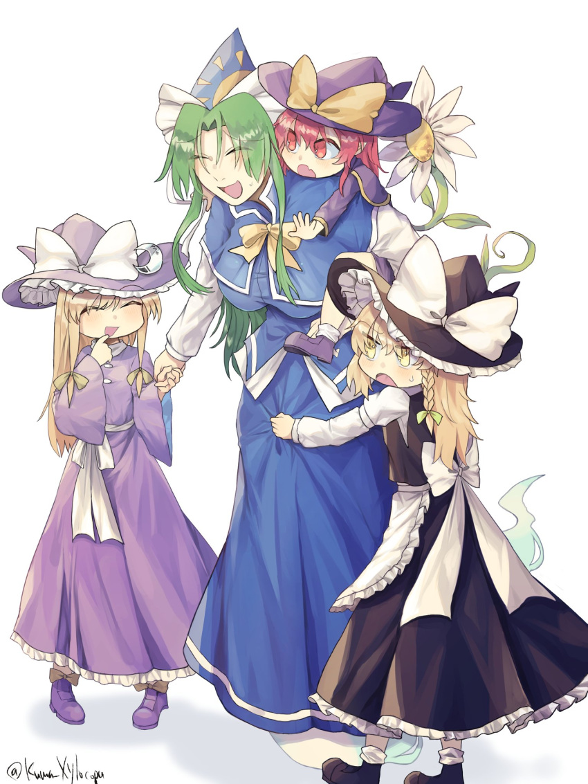 4girls apron bangs black_dress black_footwear blonde_hair blue_dress boots bow bowtie braid buttons carrying dress fang flower footwear_bow frilled_dress frills ghost ghost_tail green_hair hair_bow hand_on_own_chin hat hat_bow highres holding_hands kirisame_marisa kuma_xylocopa long_dress long_hair long_sleeves lotus_land_story mima_(touhou) multiple_girls parted_bangs phantasmagoria_of_dim.dream piggyback puffy_sleeves red_eyes red_hair shoes side_braid single_braid smile socks story_of_eastern_wonderland sun_print sunflower touhou touhou_(pc-98) waist_apron white_bow witch_hat wizard_hat yellow_bow yellow_eyes