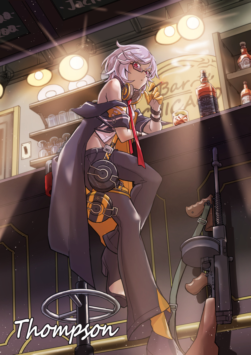 1girl alcohol bangs black_pants bottle character_name cigarette closed_mouth eyebrows_visible_through_hair from_below full_body girls'_frontline glasses gun headphones headphones_around_neck highres holding holding_cigarette looking_at_viewer pants red_eyes redz short_hair silver_hair sitting solo submachine_gun sunglasses tavern thompson_(girls'_frontline) thompson_submachine_gun weapon